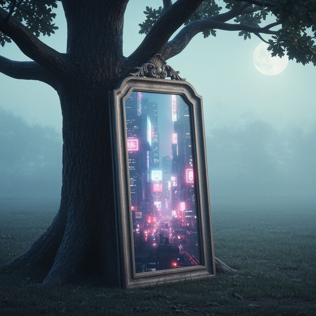 Futuristic City Reflected in Antique Mirror