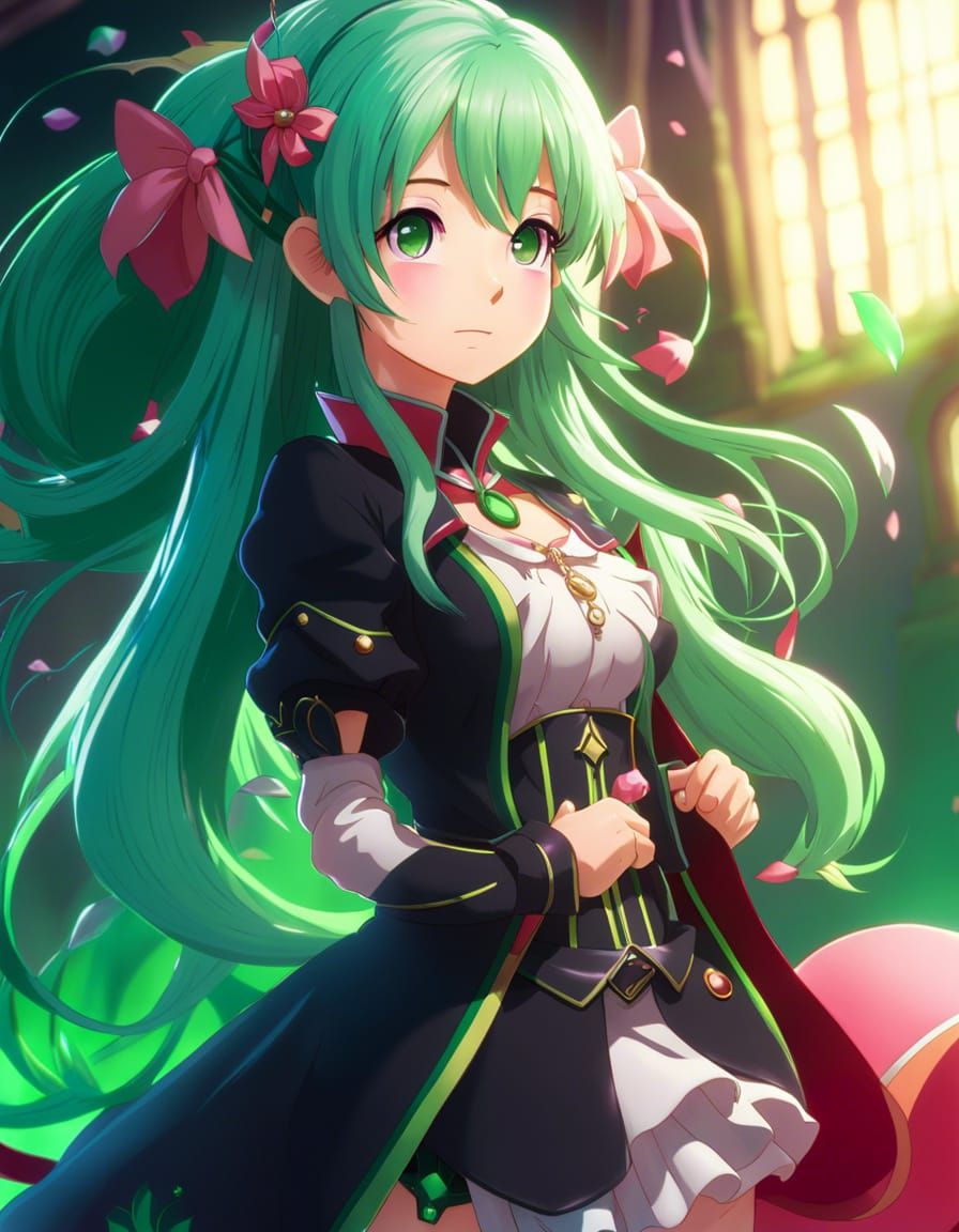 Adorable Green-Haired Magical Girl in Anime Style