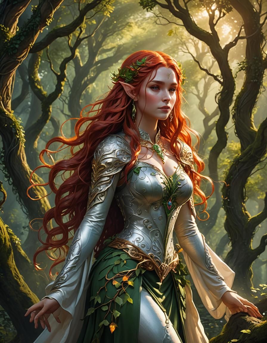 Voluptuous Elf in Forest, Oil Painting Style