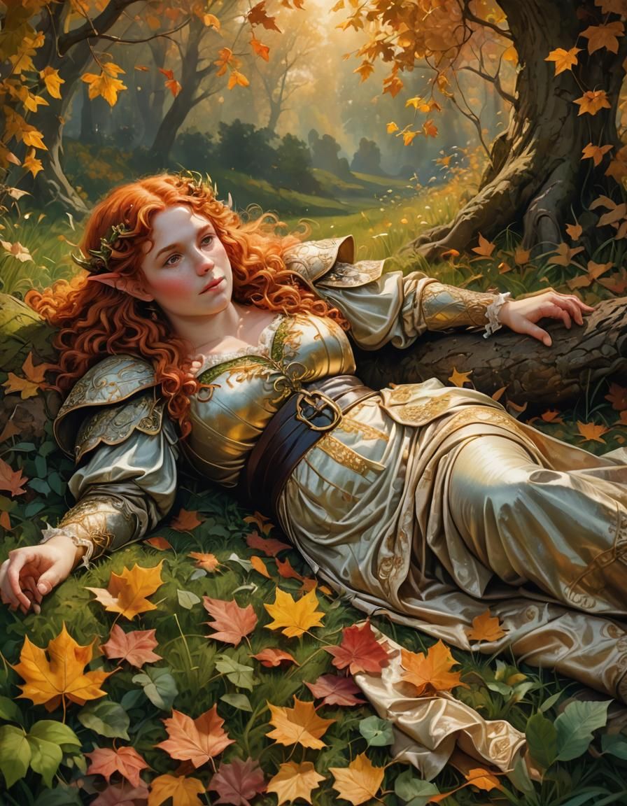 Voluptuous Elf Reclining in Autumn Meadow, Classical Style