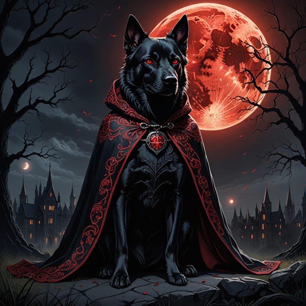Gothic Vampire Dog Under Blood Moon Concept Art