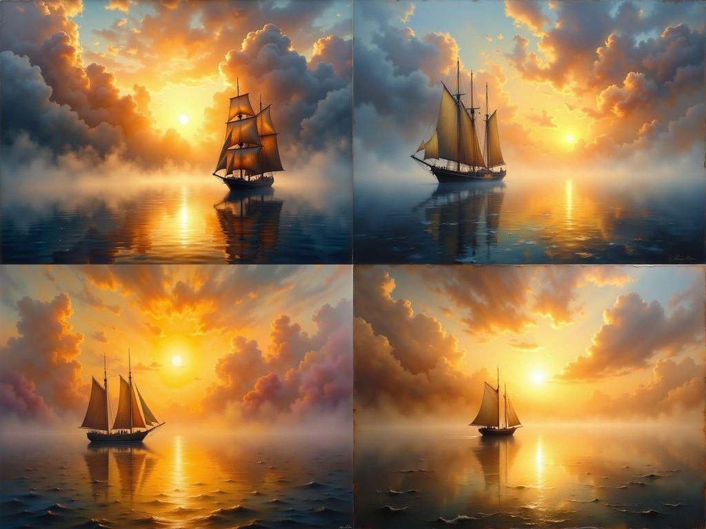 Sailing Ship at Misty Sunrise in Oil Painting Style
