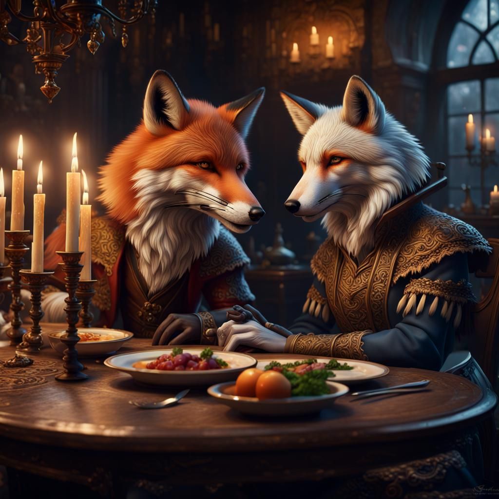 Fox and Wolf Dinner: Fantasy Concept Art