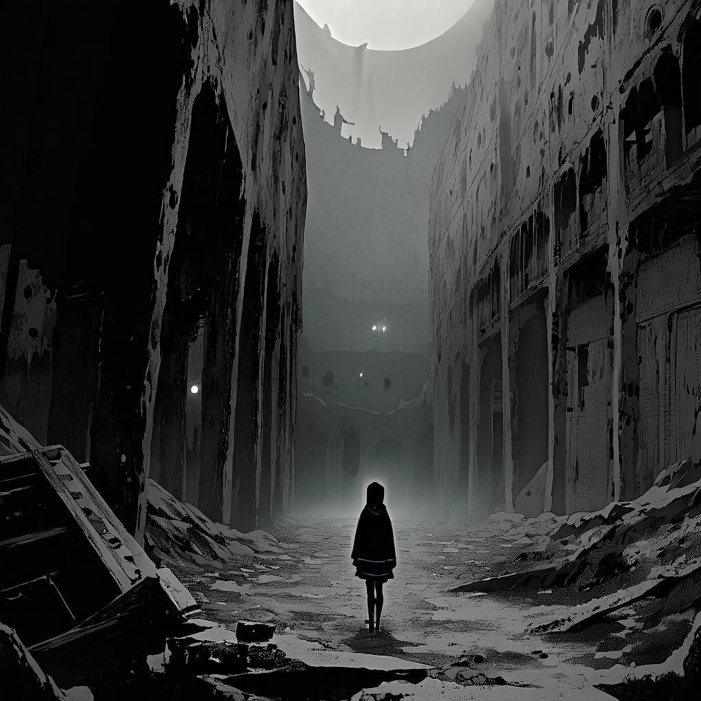 A Young Woman Stands in a Desolate, Abandoned Landscape in D...