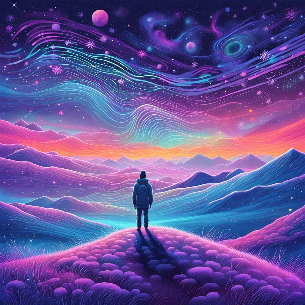 Psychedelic Astral Landscape with Figure and Constellations