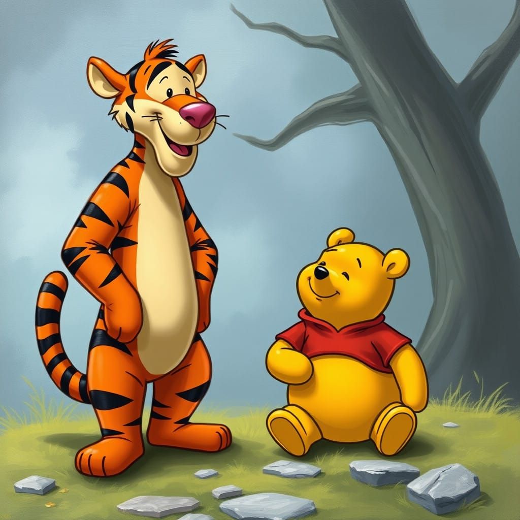Tigger and Winnie the Pooh in Whimsical Woodland Scene