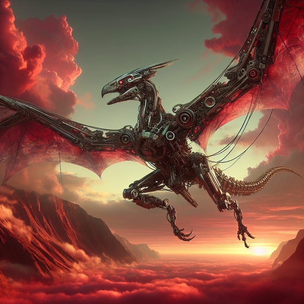 Cyborg Pterosaur Soaring in Sci-Fi Scene