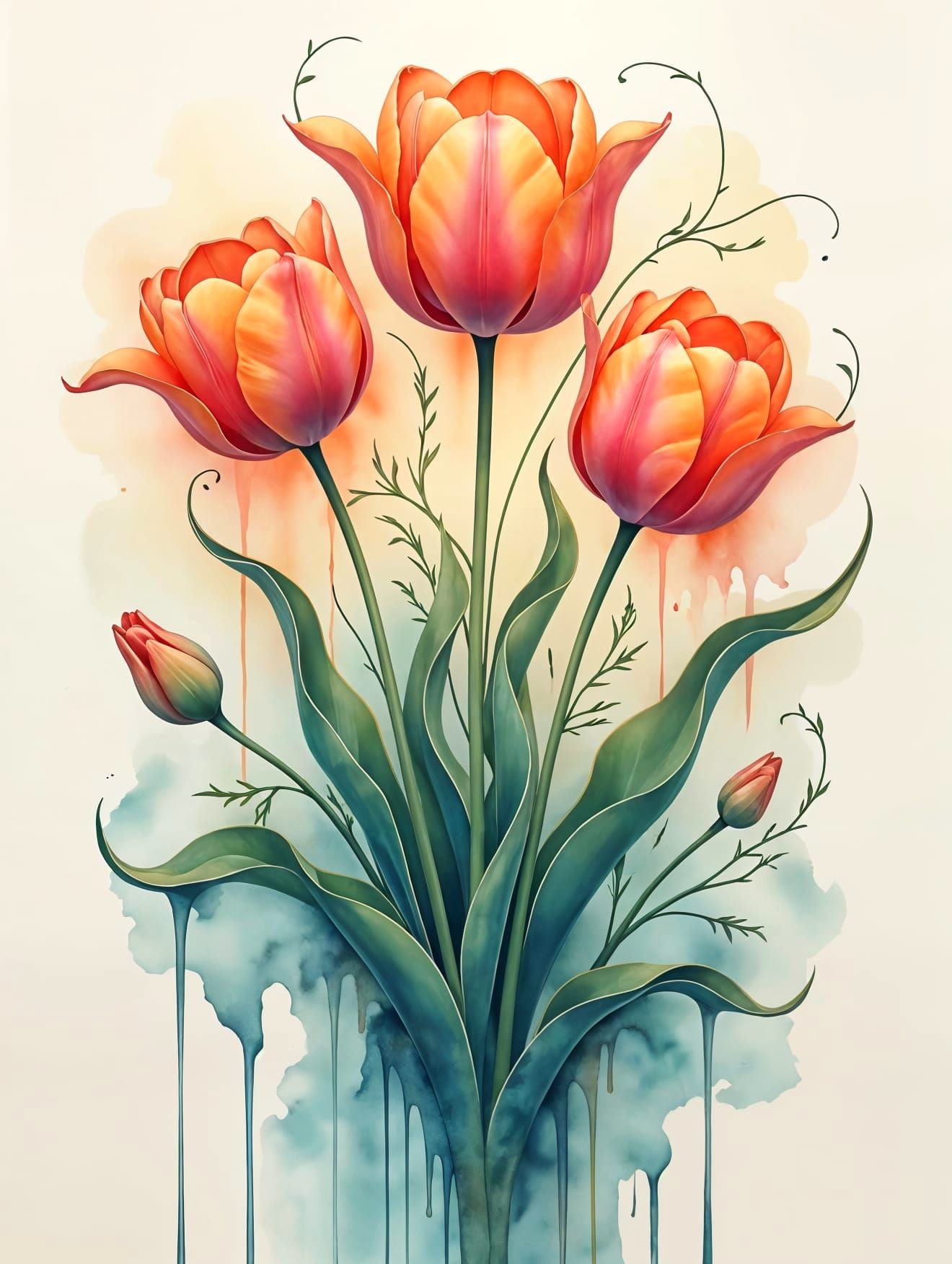 Abstract Floral Watercolor Painting with Liquid Ink