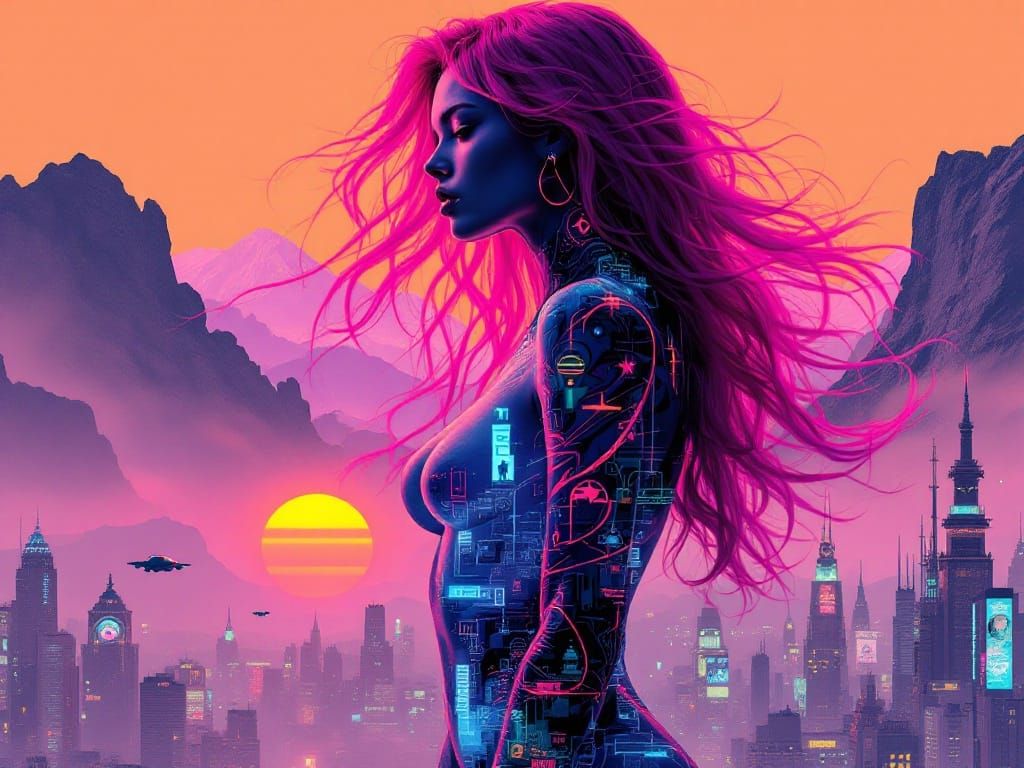 Gritty Neon Goddess Dominates Cyberpunk Cityscape
