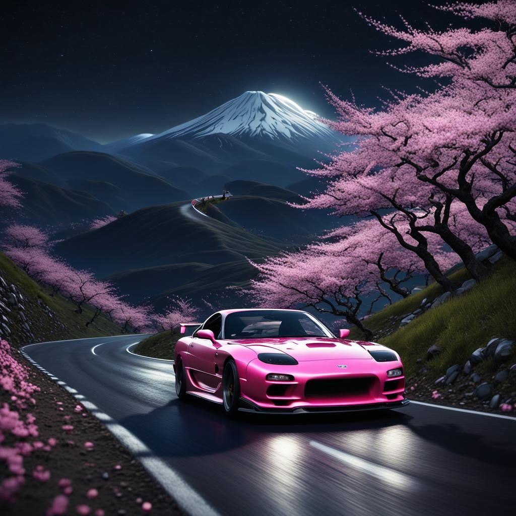 RX7 Drifting on Mountain Pass in Moonlight