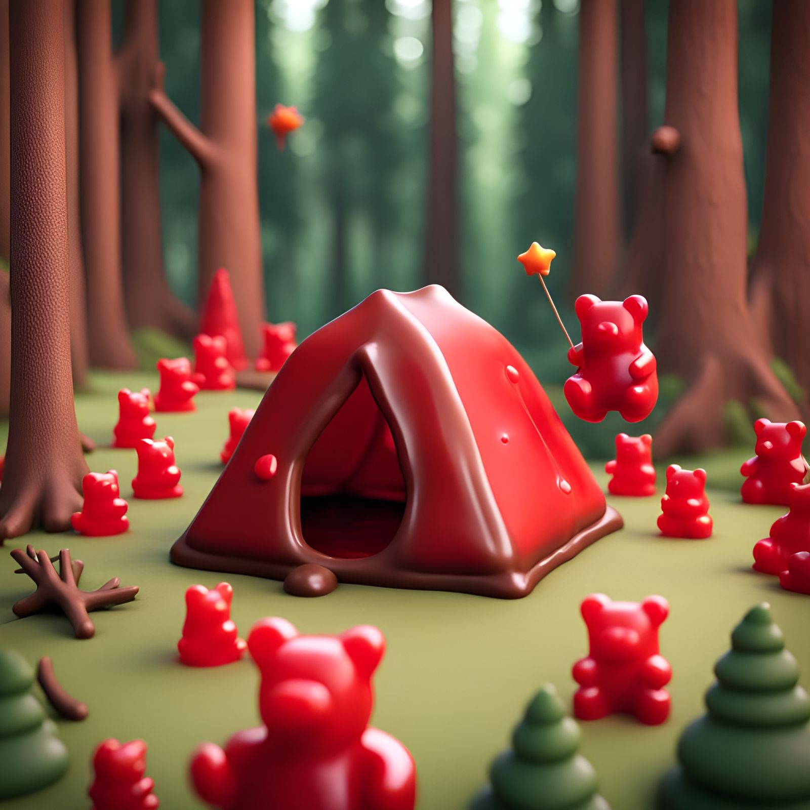 Chocolate Jello Tent in Forest with Gummy Bears