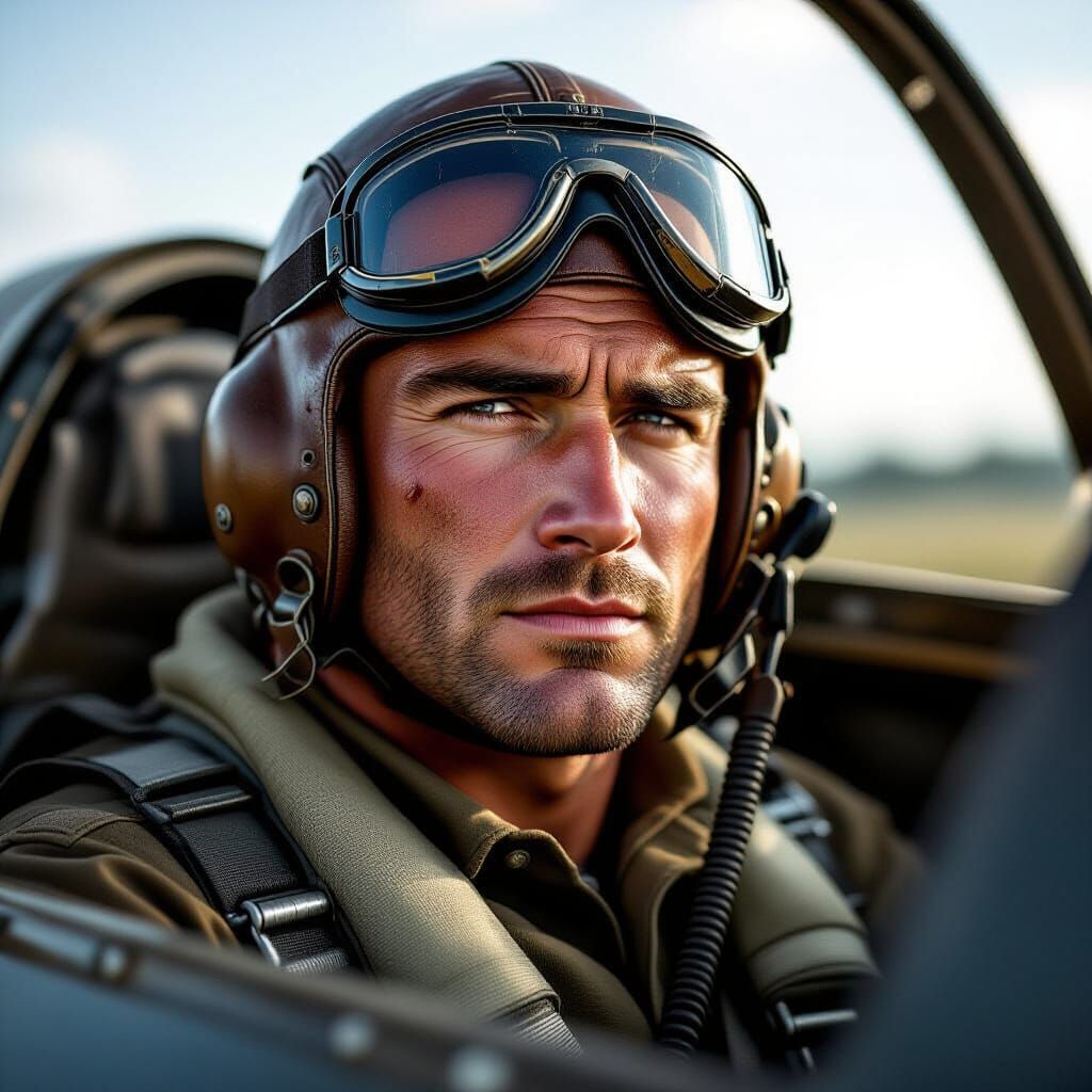 WWII Fighter Pilot in Cockpit: Hyperrealistic Portrait