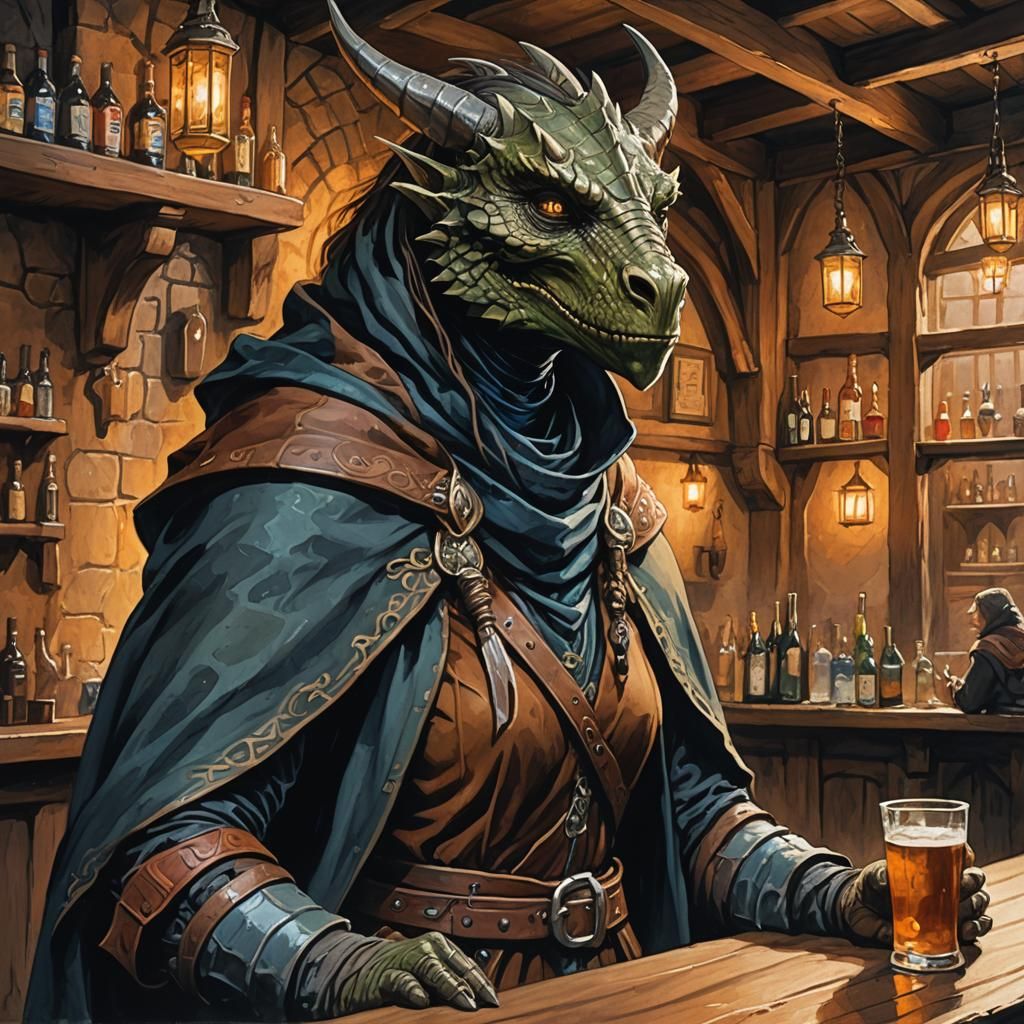 Dragonborn Rogue in Tavern, Illustrative Gouache Style