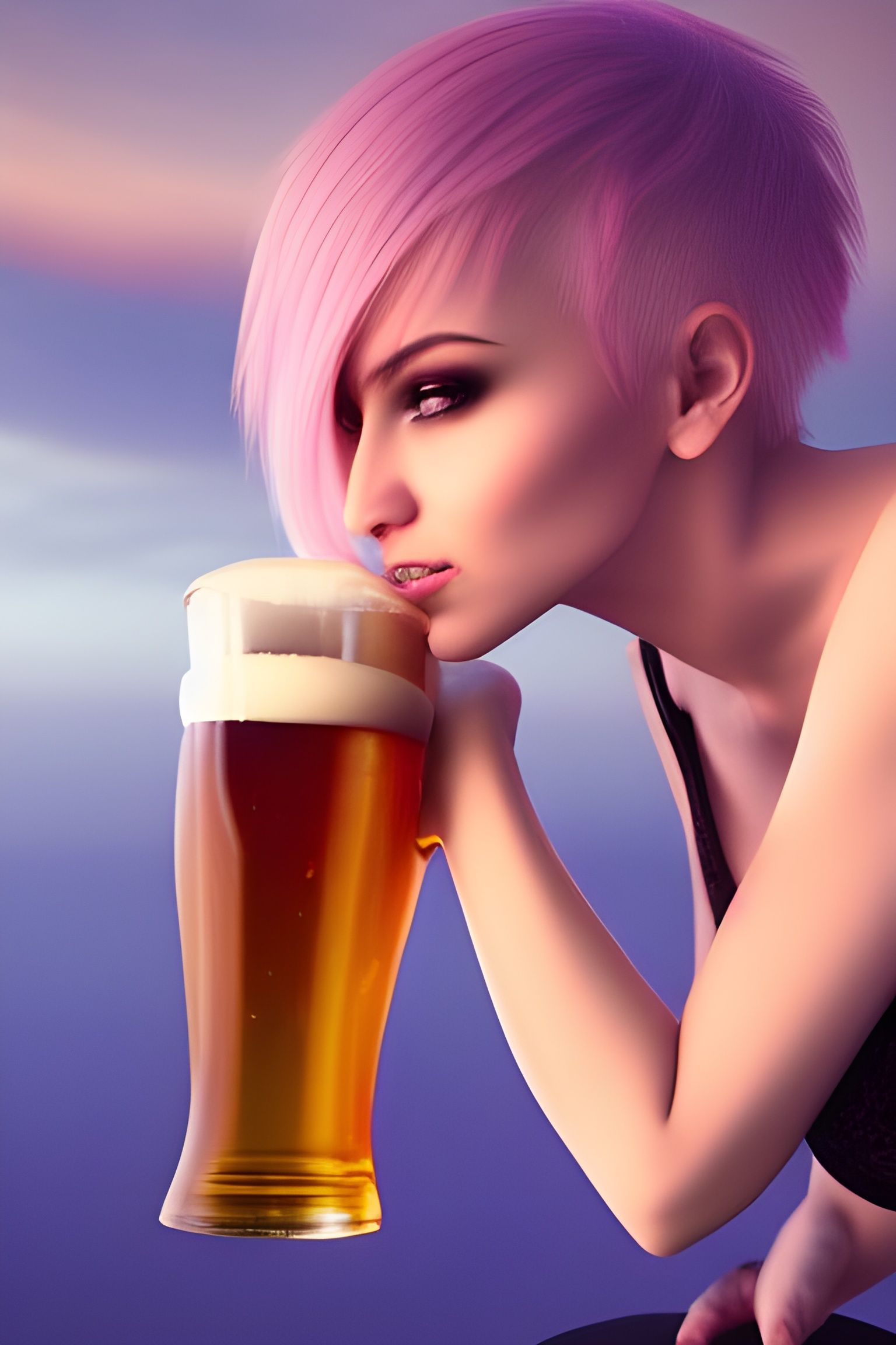 Seductive Pixie Drinks Beer at Sunrise