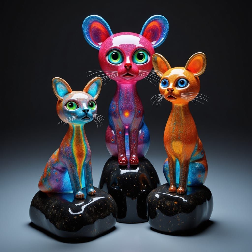 Feline Glass Sculptures with Psychedelic Glow on Obsidian