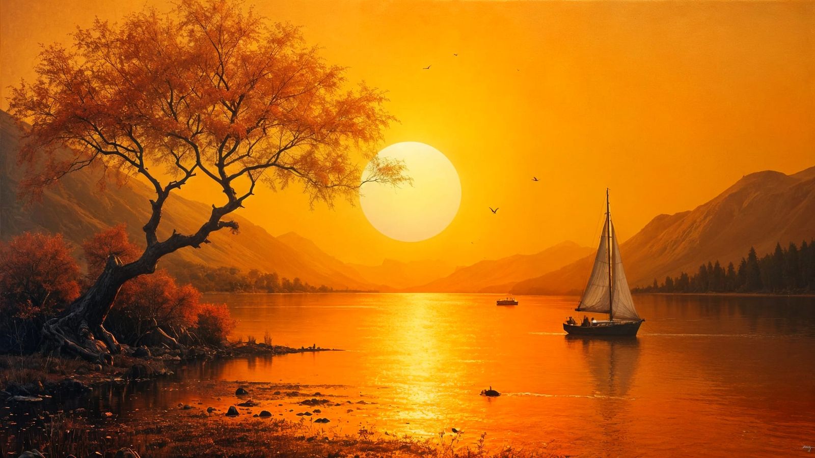 Amber Filtered Lake in Oil Painting Style