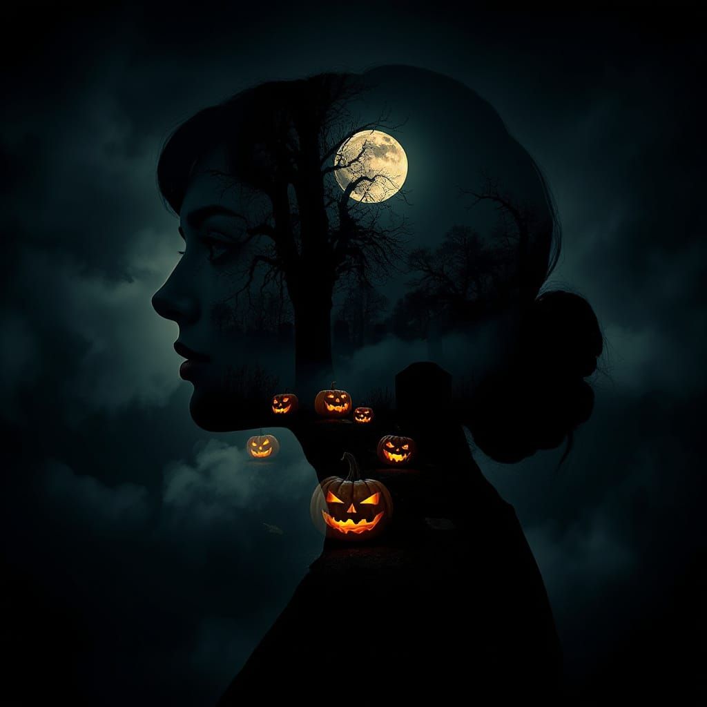 Halloween Double Exposure Art in Female Silhouette