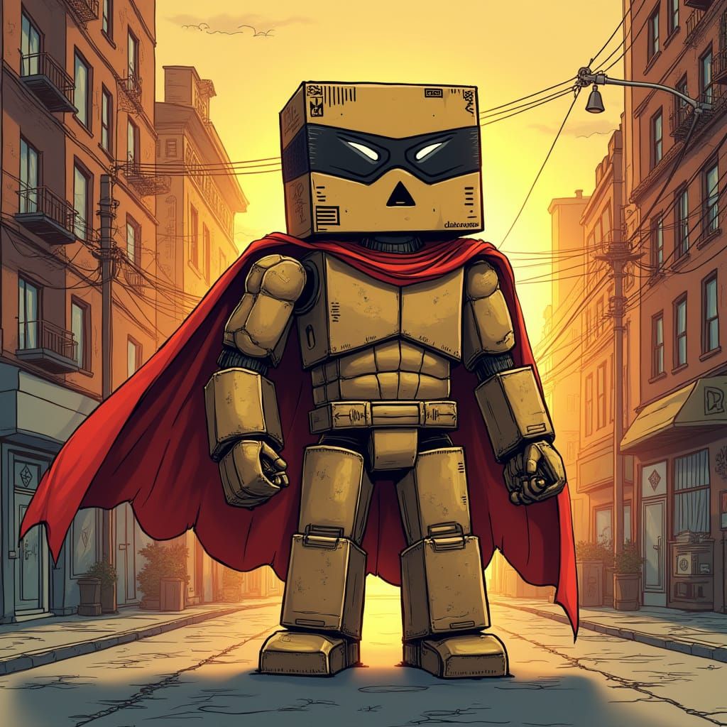 Cardboard Box Hero Rises in Sunset City