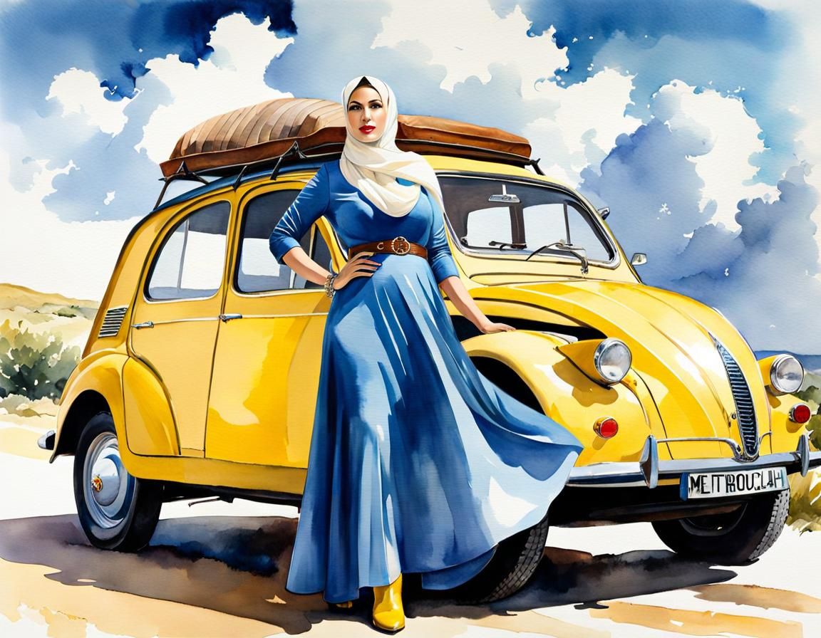Elegant Woman Adorns Yellow Classic Car Amidst Soft Clouds