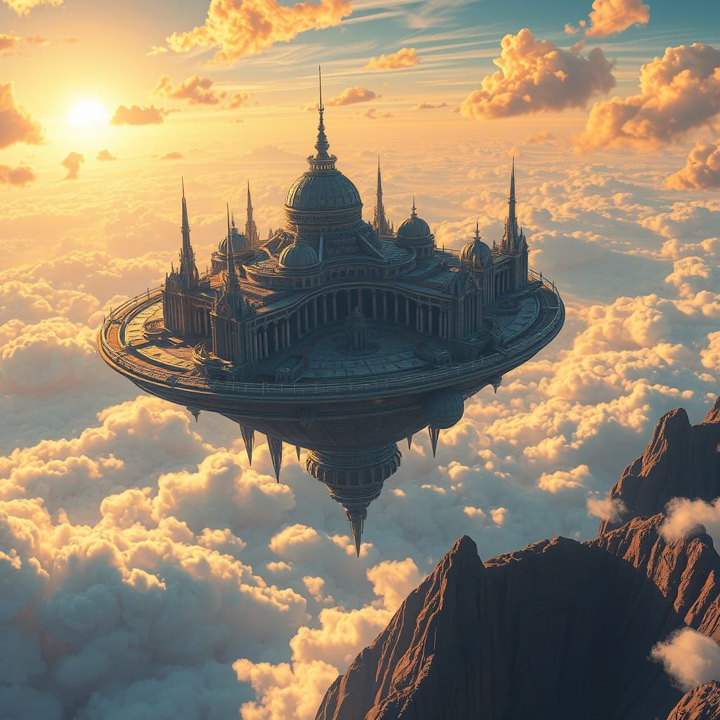 Floating Metropolis Amidst Iridescent Clouds in a Hyper-Real...
