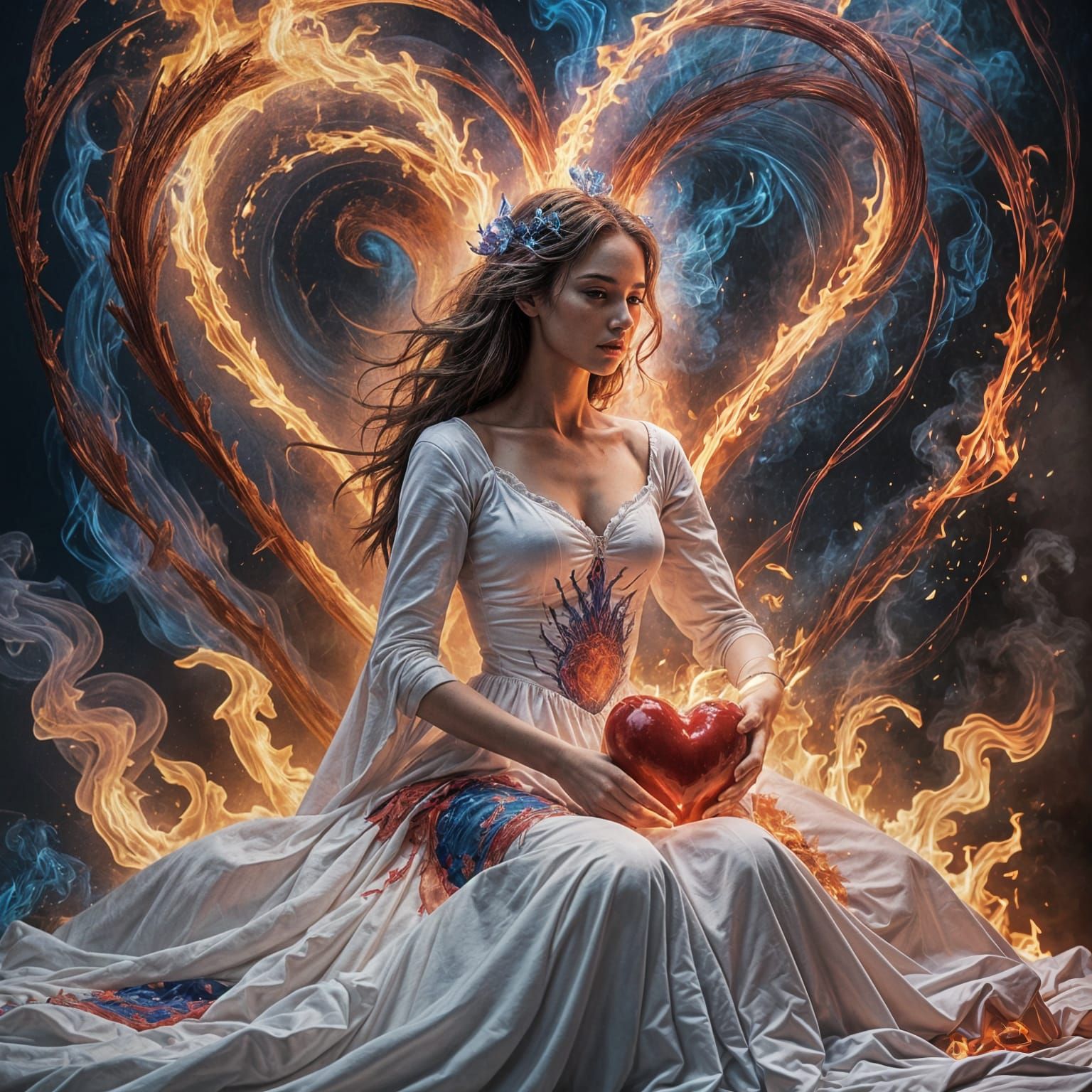 Majestic 3D Heart with Flames and Woman