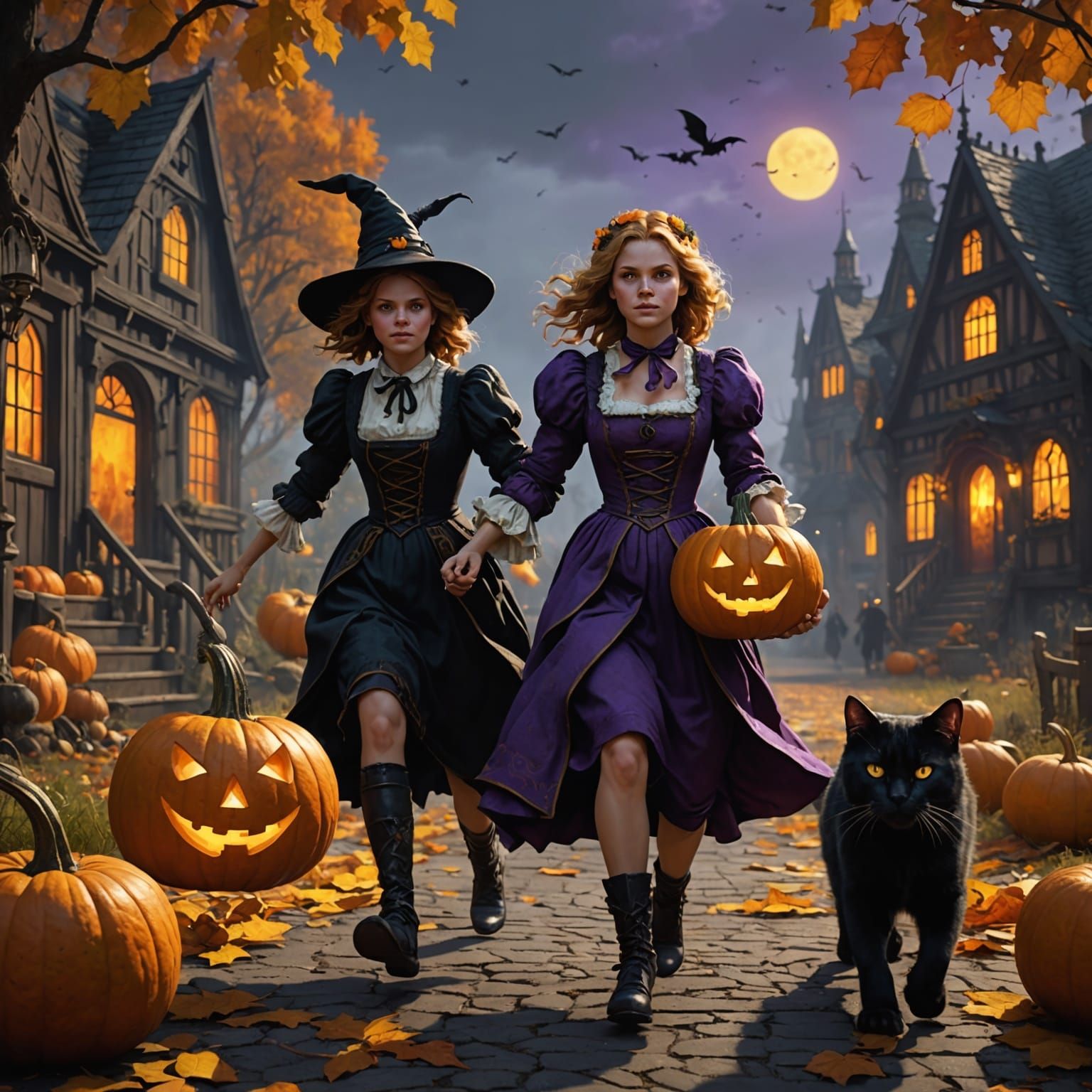 Hansel and Gretel Flee Witch: Dark Fantasy Art