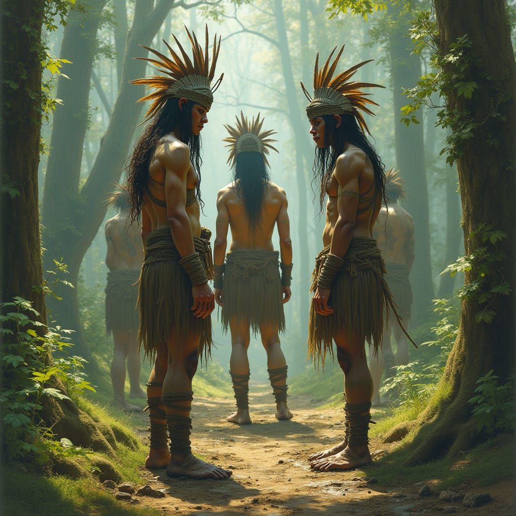 Mystical Tribal Warriors in a Haunting Forest Landscape