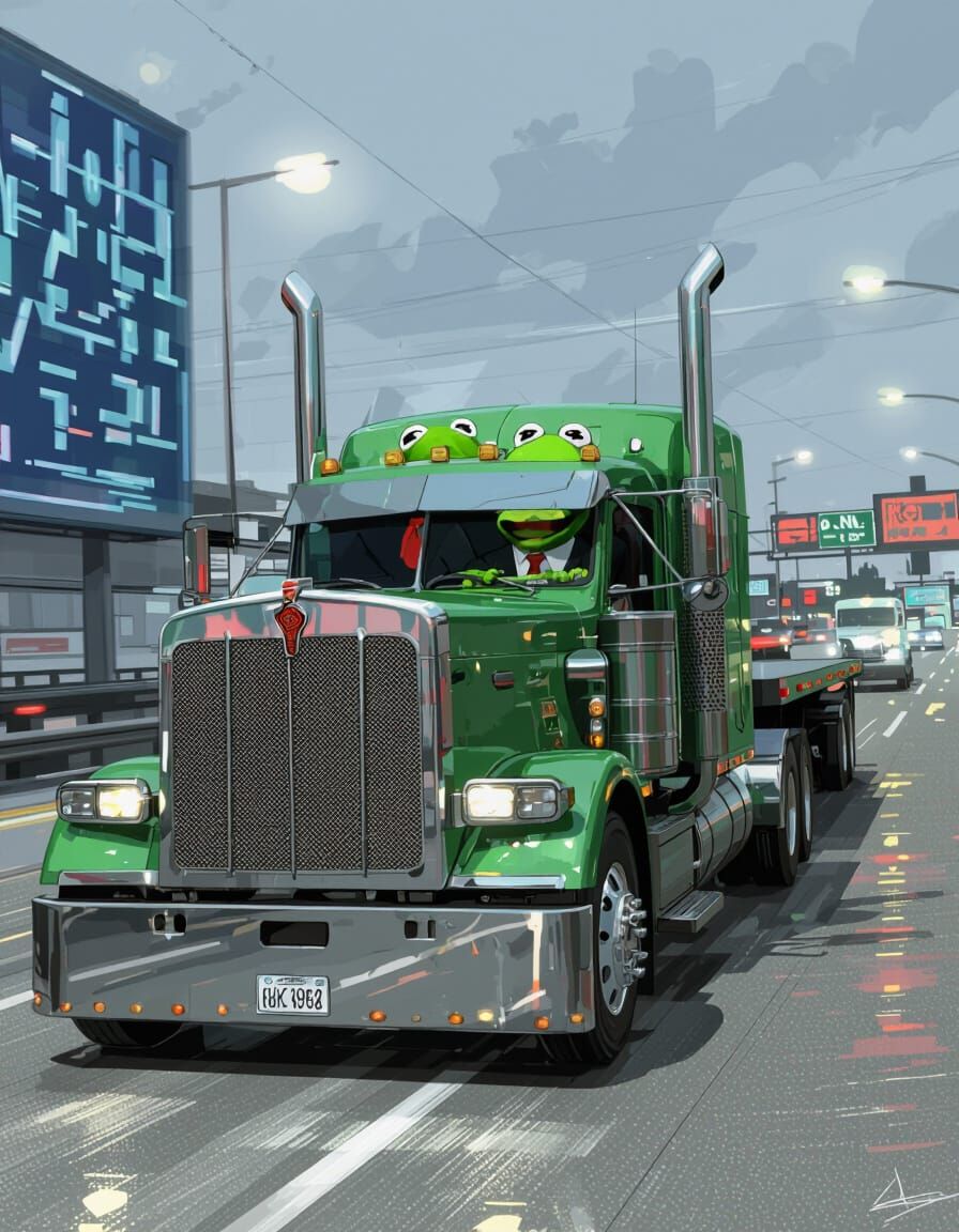 Evil Kermit Drives a Semi-Truck at Night