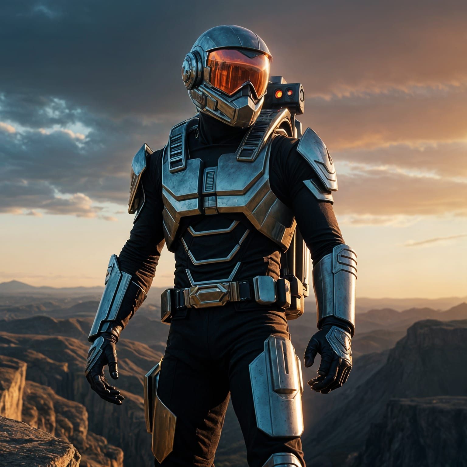 Heroic Psycho Ranger in Epic Sunset Cinematic Style