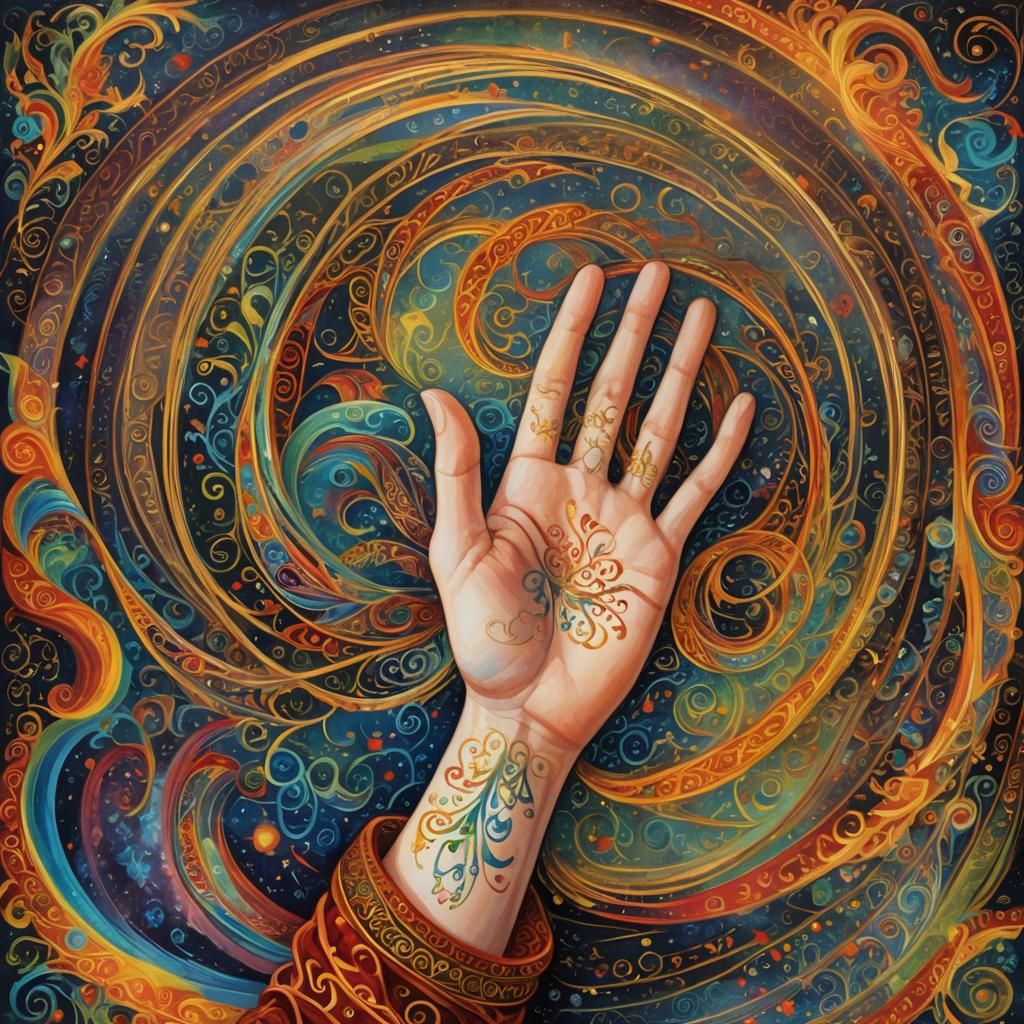 Mystic Hand Writes Rainbow Fate in Surreal Style