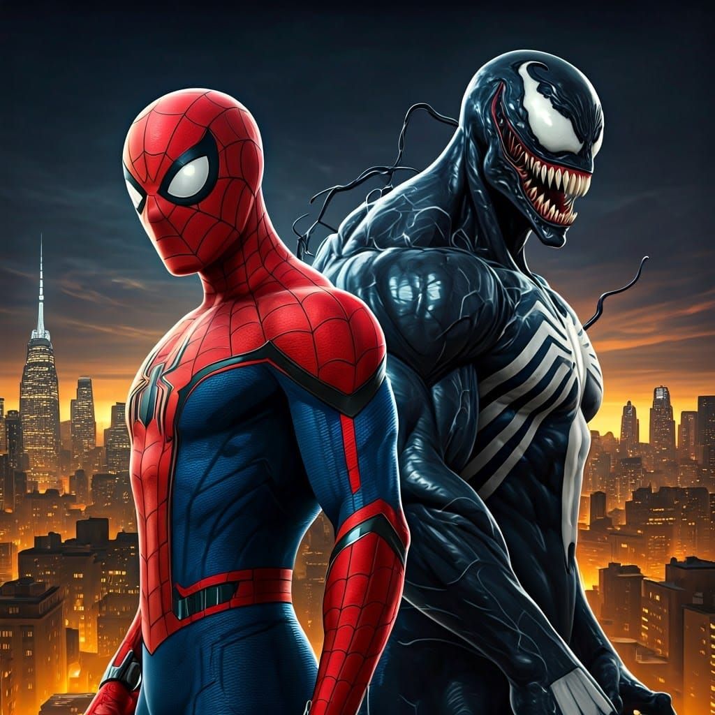 Spider-Man and Venom: Haunting Cityscape at Dusk