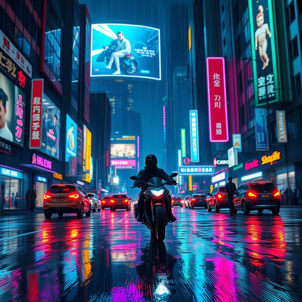 Cyberpunk Motorcyclist in Neon Cityscape