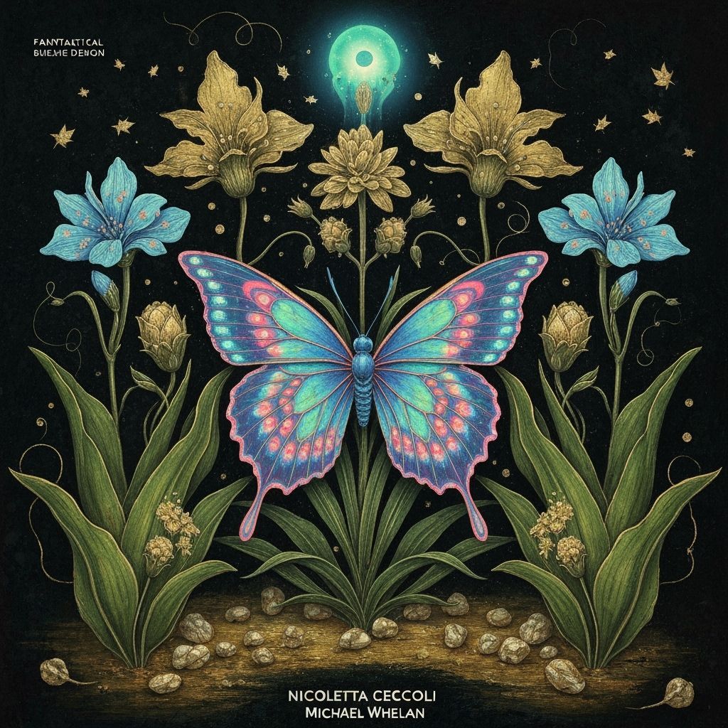 Bioluminescent Butterfly Amidst Surreal Flora