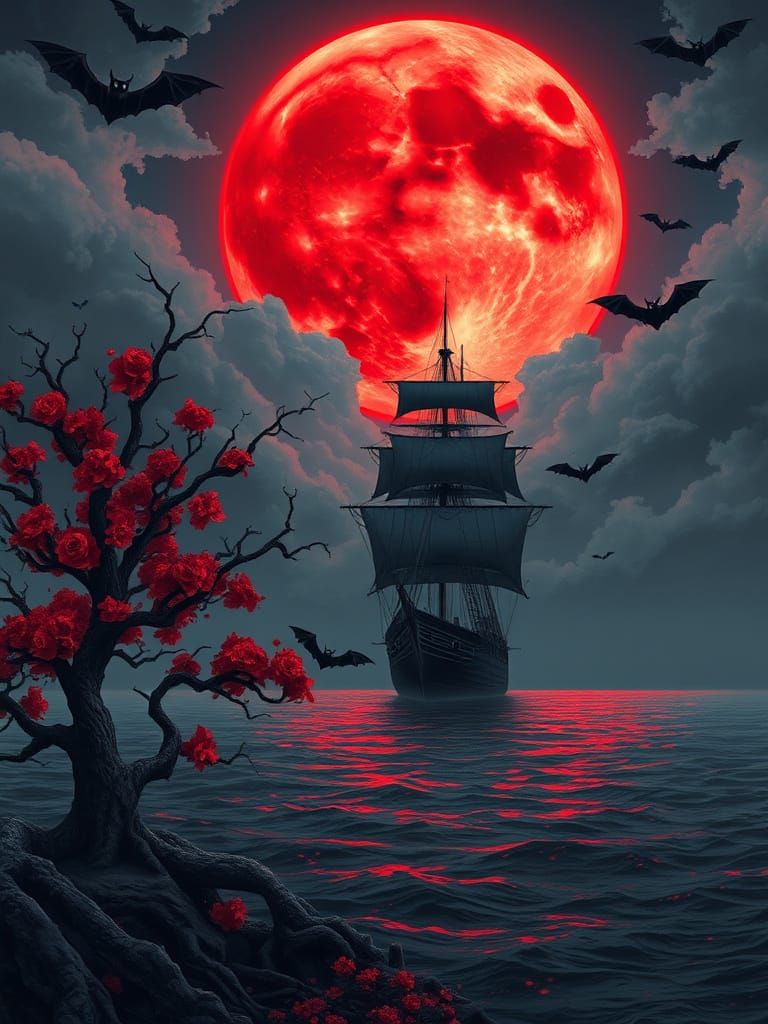 Viking Ship Sails Under Red Moon in Dreamlike Fantasy Art