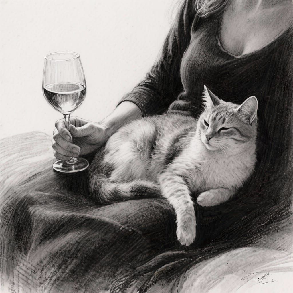 Charcoal Sketch of Woman's Hand Holding Wine Glass with Cat