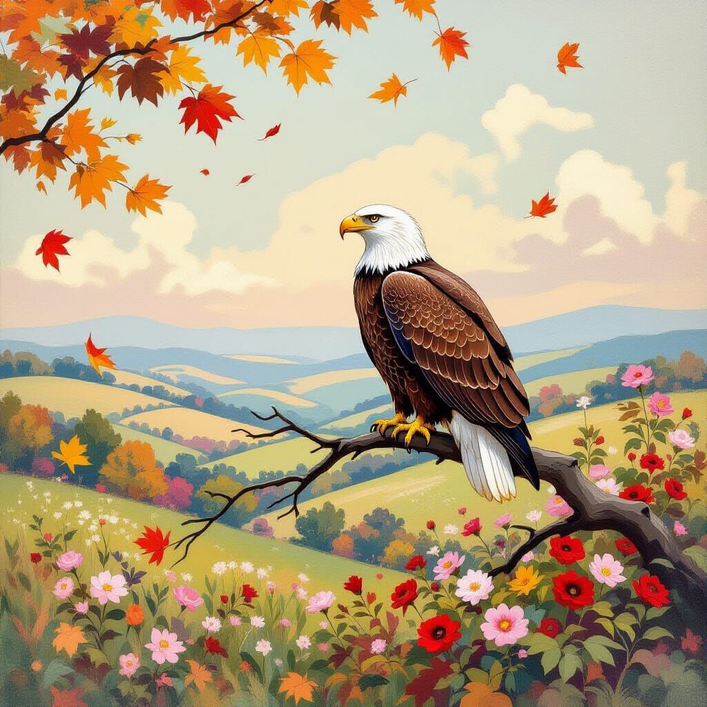 Eagle in Impressionistic Landscape with Falling Flowers