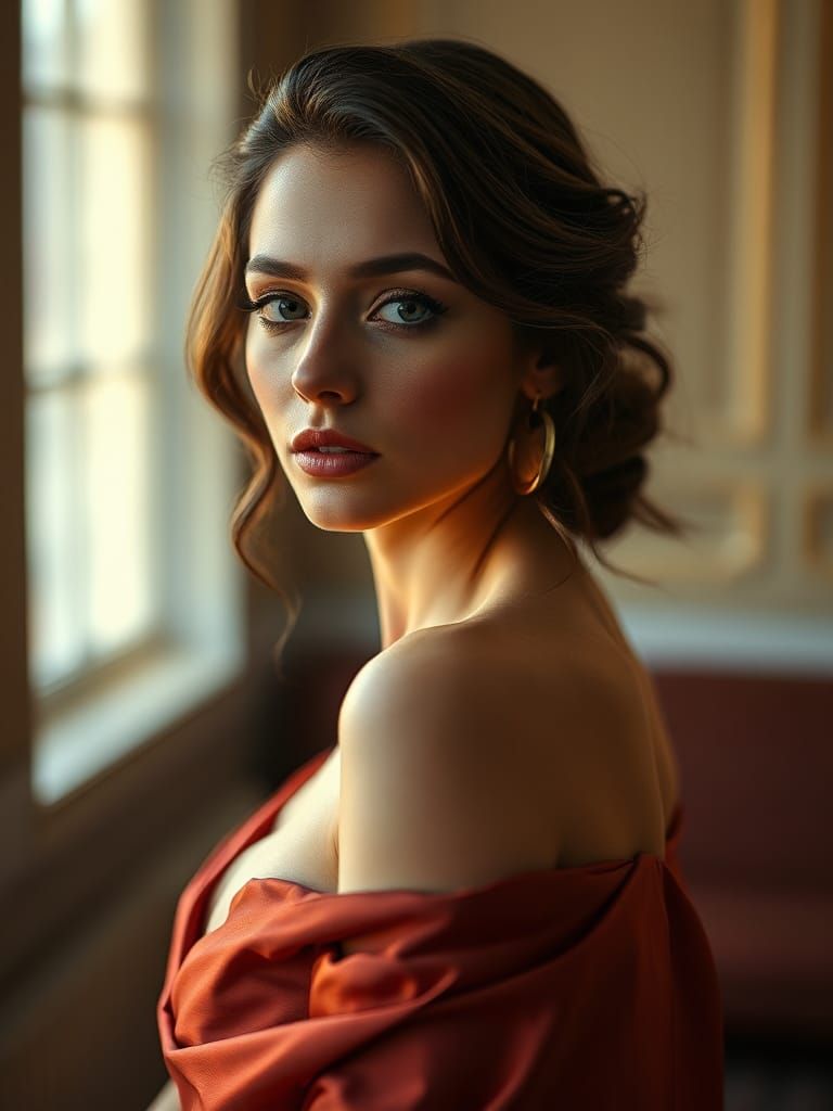 Sensual Woman in Silk Gown, Photorealistic Style