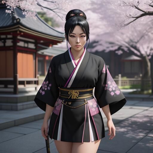 Muscular Samurai Woman in Cherry Blossom Garden
