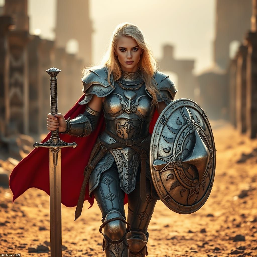 Warrior Woman in Silver Armor with Crimson Cape