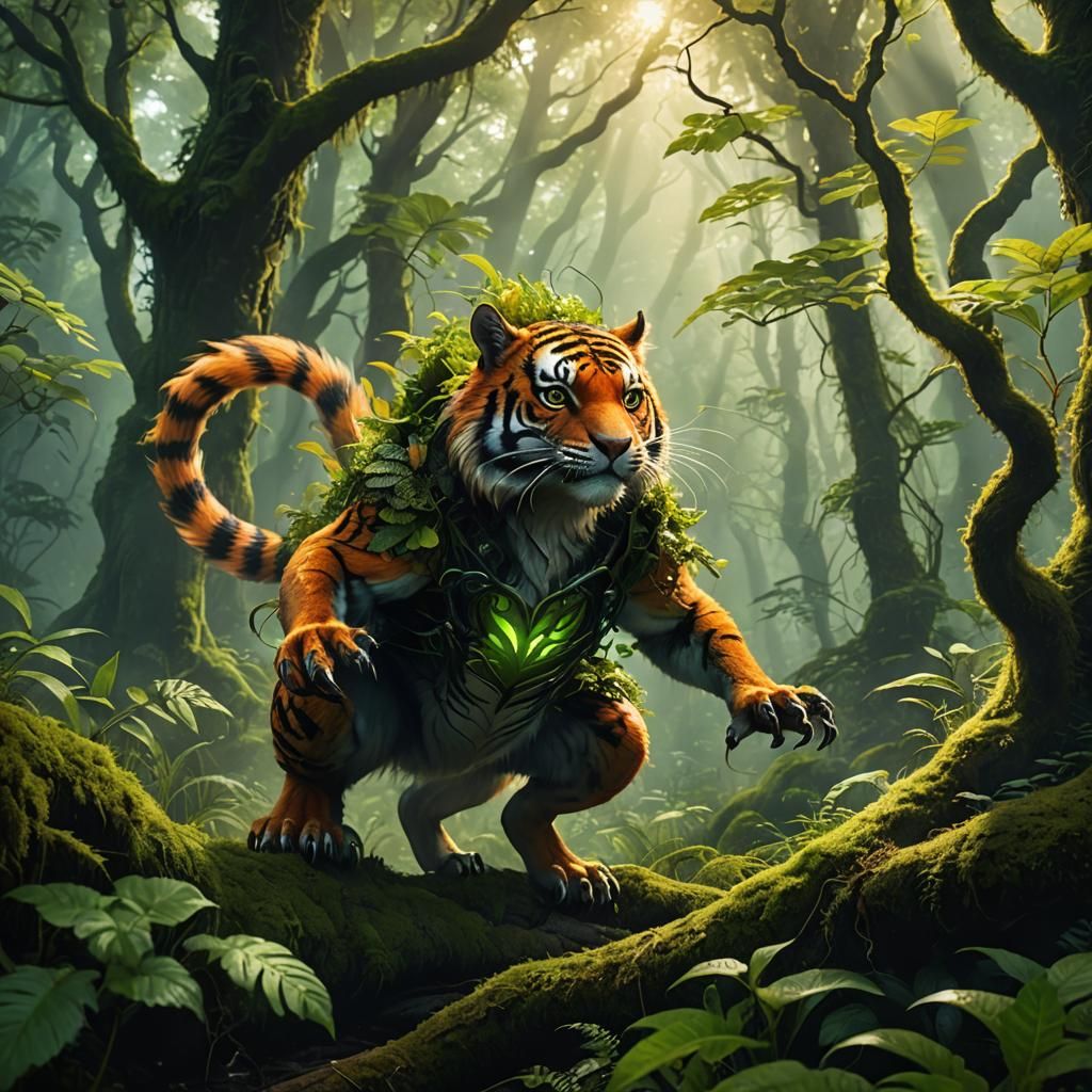 Tiger-Squirrel Creature in Luminous Forest: Digital Art