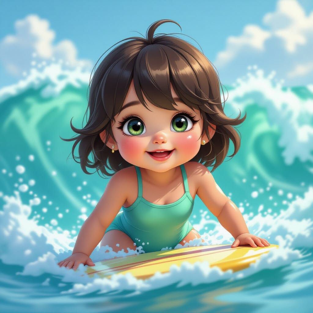 baby girl brown hair , bangs haircut, chubby cheeks, green eyes, smile, in a solid swimsuit, standing on a surfboard, se...