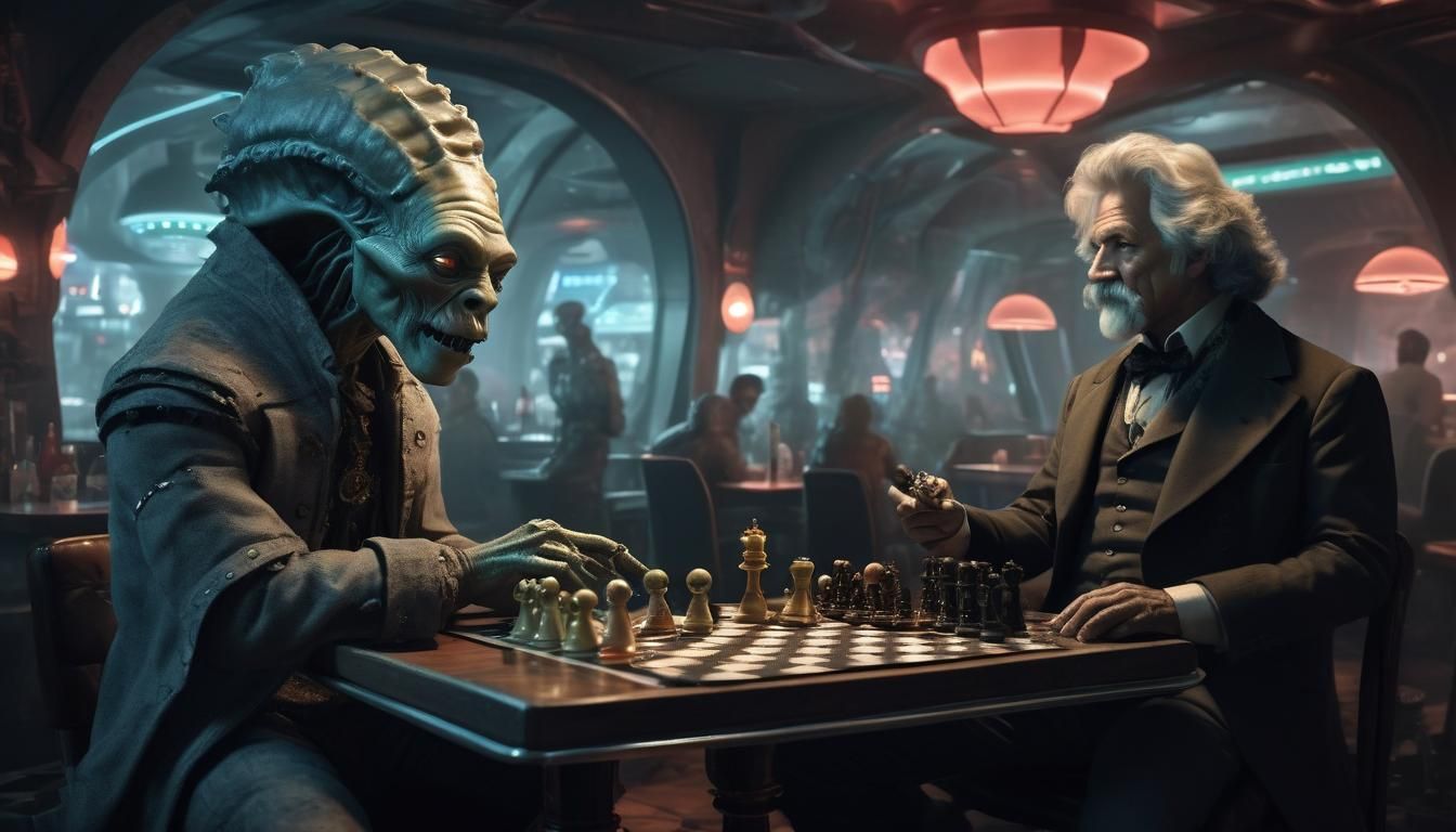 Henry Morgan and Alien Chess Game in Futuristic Bar
