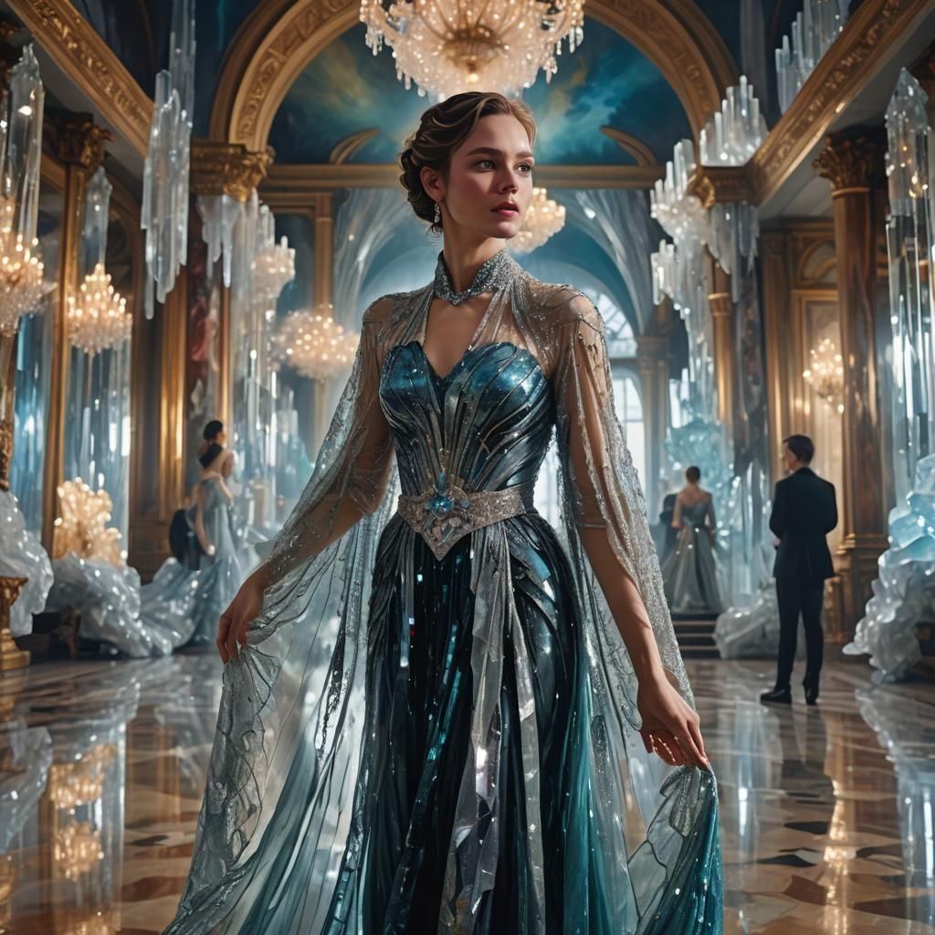 Woman in Crystal Dress in Ballroom, Hyperrealistic