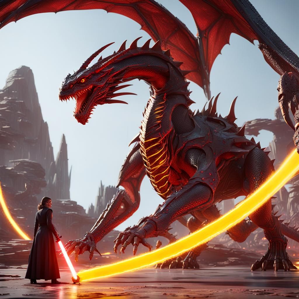 Dragon Attacks Sith Warrior in Futuristic Sci-Fi Scene