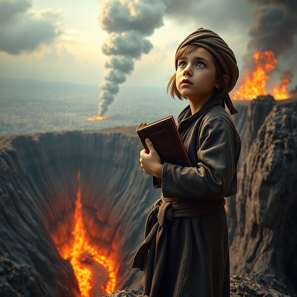 Young Jewish Boy Holds Bible on Rugged Mountain Edge