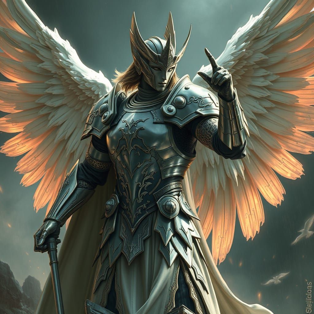 Silver Angel Warrior in Mystical Battle Armor