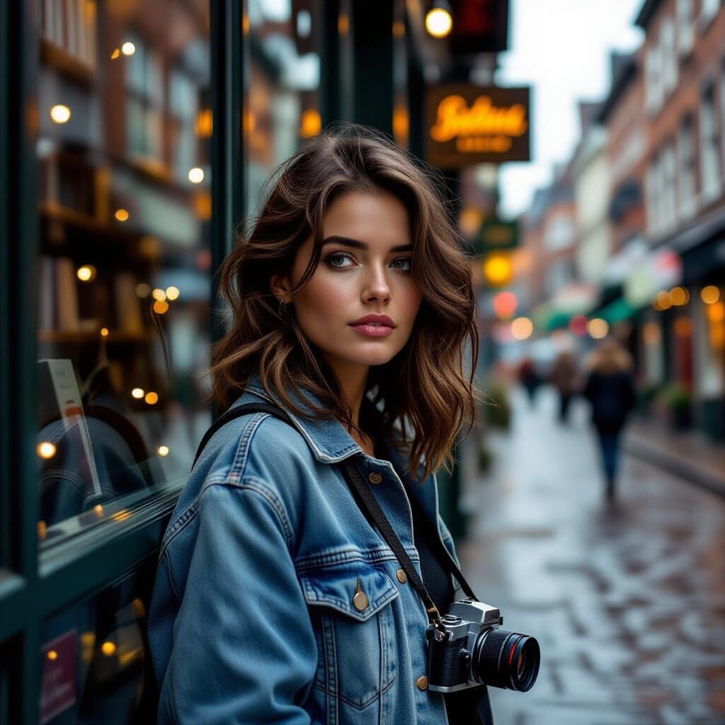 Young Woman Gazes Out Rainy Bookstore Window
