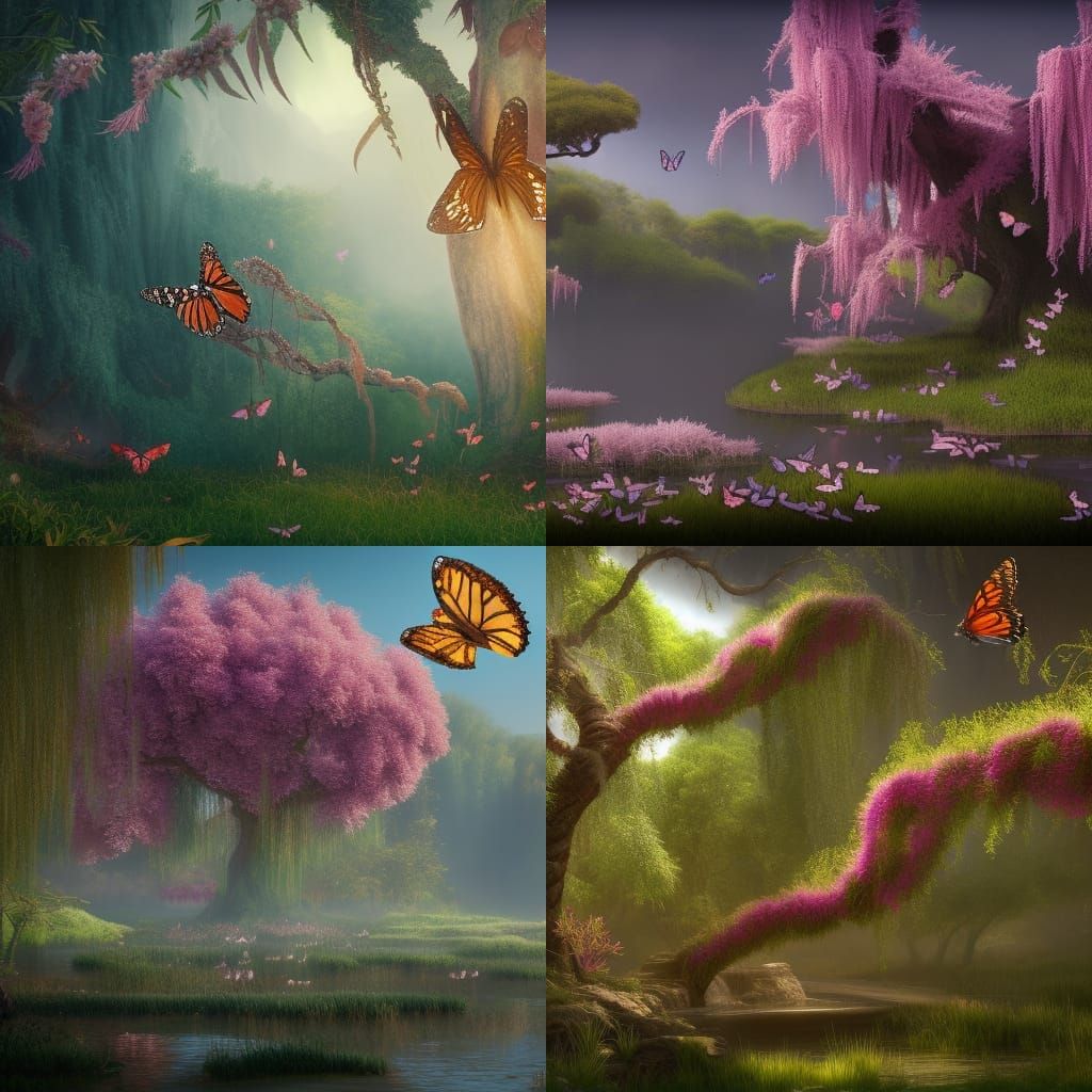 Butterflies in Willow Tree: Detailed Matte Painting