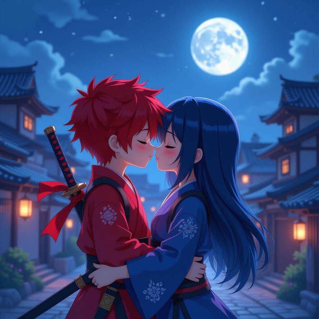 Anime Ninja Kiss in Moonlit Village, 3D Art
