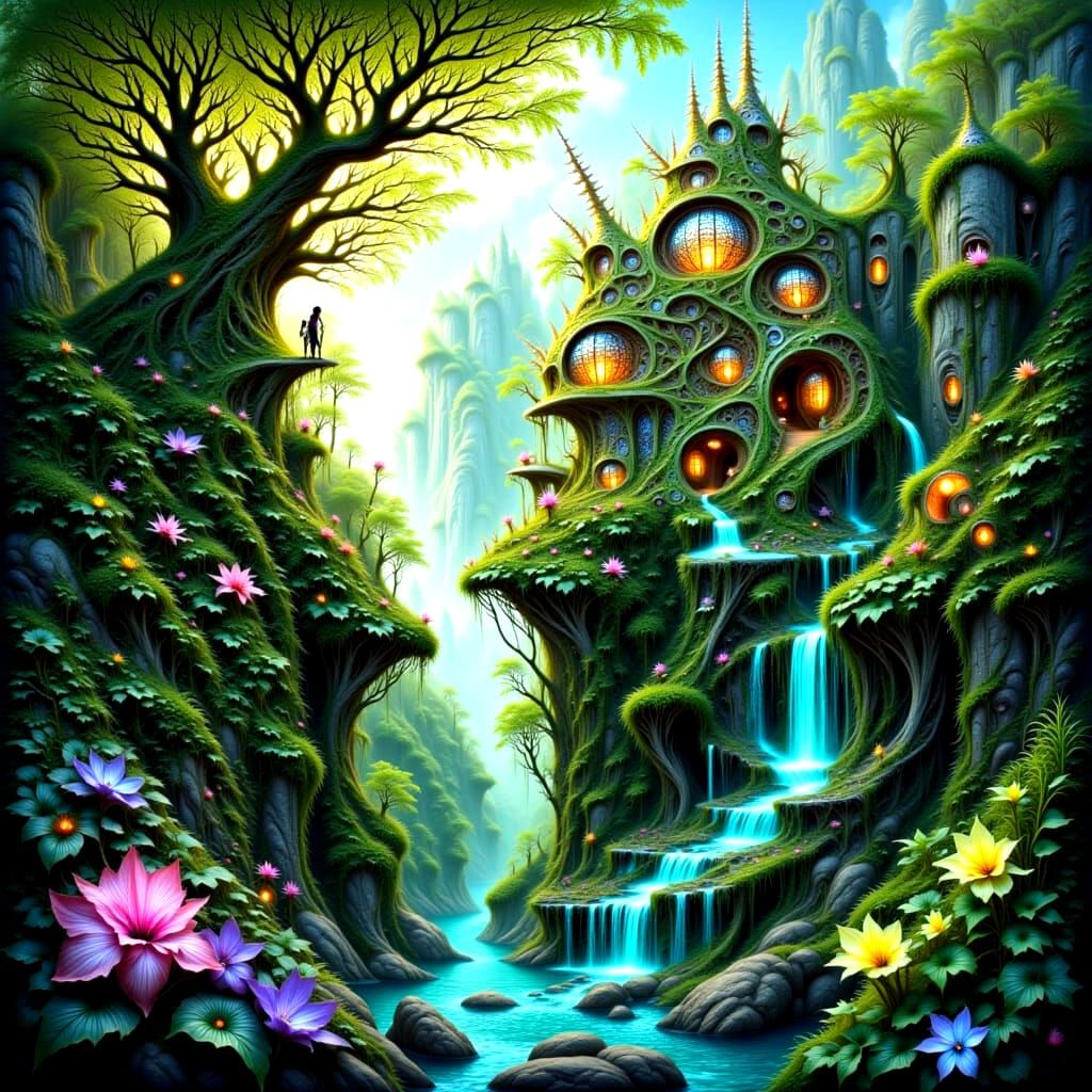 Surreal Treehouse Cliff Dwelling with Pixie Family